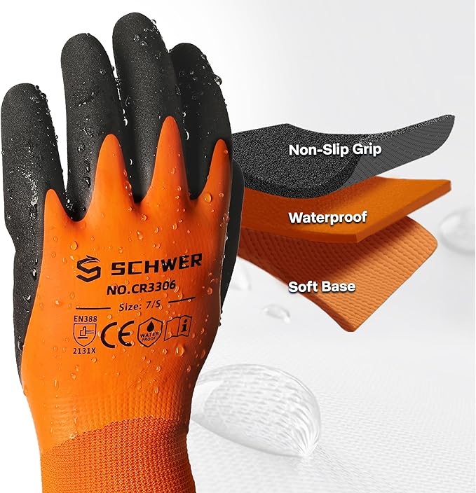 Schwer 2 Pairs Waterproof Work Gloves for Men and Women CR3306, Gardening Gloves with Double Latex Coated, Non-slip Working Gloves for Garden, Outdoor Construction, Car and Fish Cleaning, XL