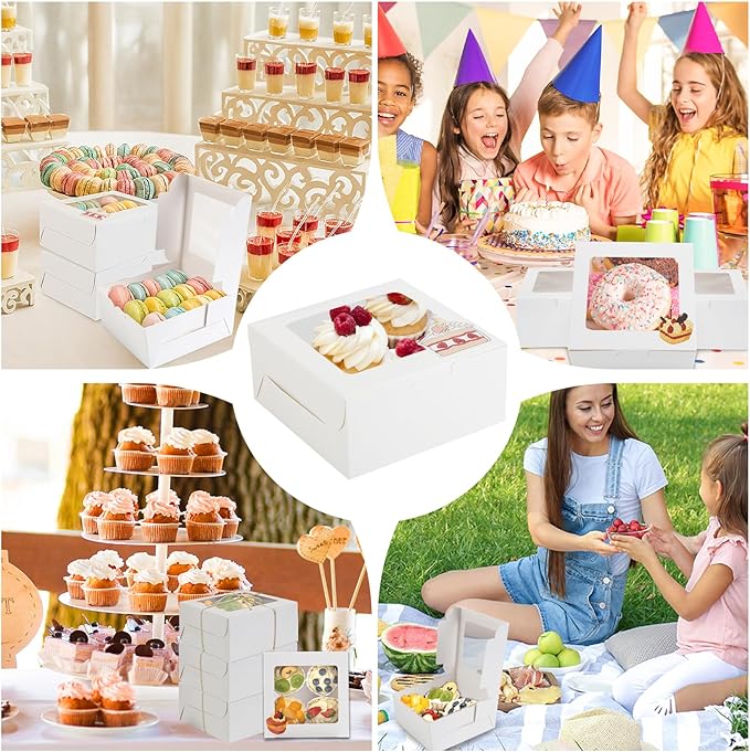 OAMCEG 30 Pack Cookie Boxes with Window 6x6x3 Inches White Bakery Treat Boxes with Stickers & Twine for Pastry, Desserts, Strawberries, Cupcakes, Gift Giving