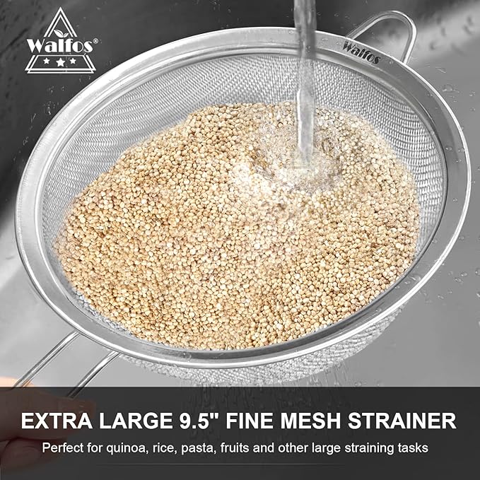 Walfos Extra Fine Mesh Strainer Set of 4-9.5", 7", 4.7", 2.8", Stainless Steel 30 Mesh Sieve with Sturdy Handle, Kitchen Food Strainers Sifters for Quinoa, Pasta, Fruits, Vegetables, Rice, Tea