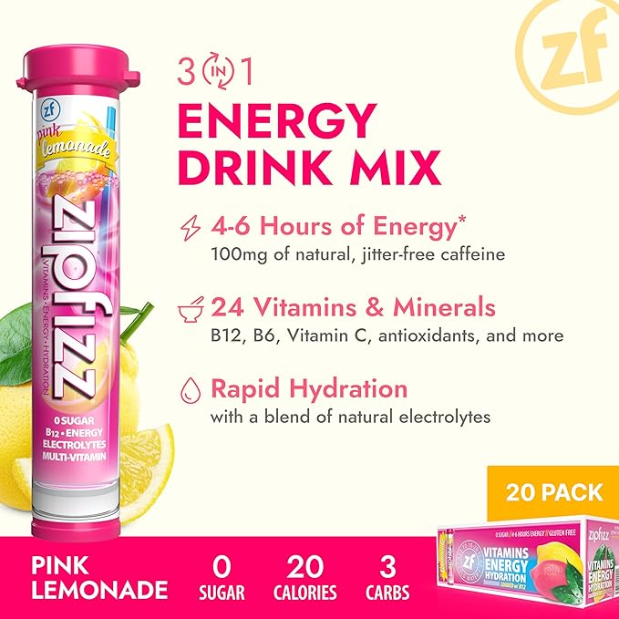 Zipfizz Daily Energy Drink Powder, Pink Lemonade, 20 Pack | 3-in-1 Sustained Energy, Rapid Hydration, and Essential Vitamins | Sugar-Free | Electrolyte Powder | Contains Vitamin B-12 & Antioxidants