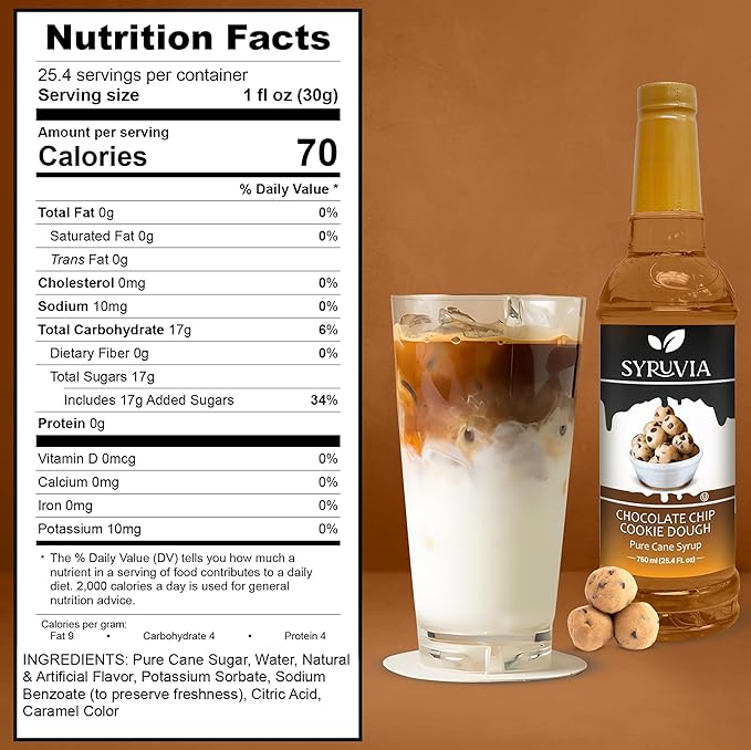 Syruvia Chocolate Chip Cookie Dough & S’mores Coffee Syrup - 25.4 fl oz Premium Coffee Flavoring Syrup. Kosher and Gluten-Free. Perfect for Drinks, Sodas, Shakes, Desserts, & More.