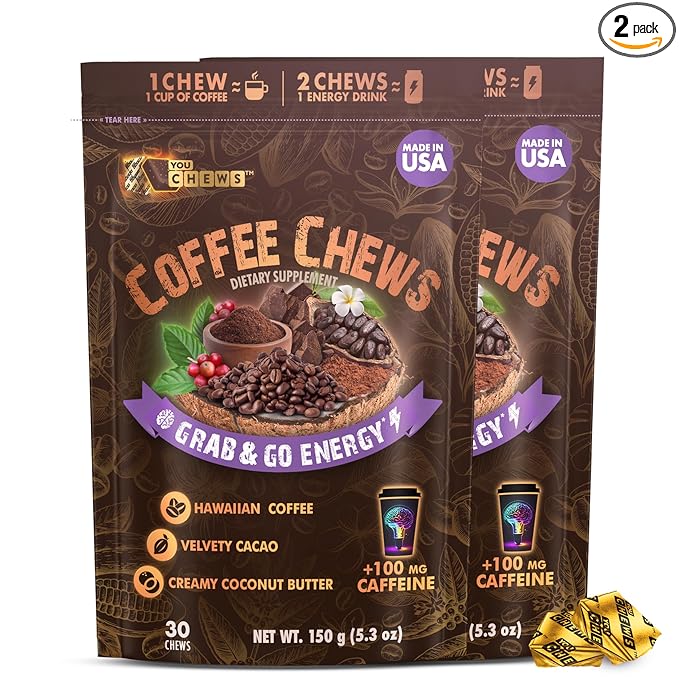 Coffee Chews - Grab & Go Energy with 100mg per Chew of Clean, Green Caffeine. with Real Organic Ingredients, Low Sugar, Great Bold Taste & Long Lasting Energy Boost (Pack of 2)