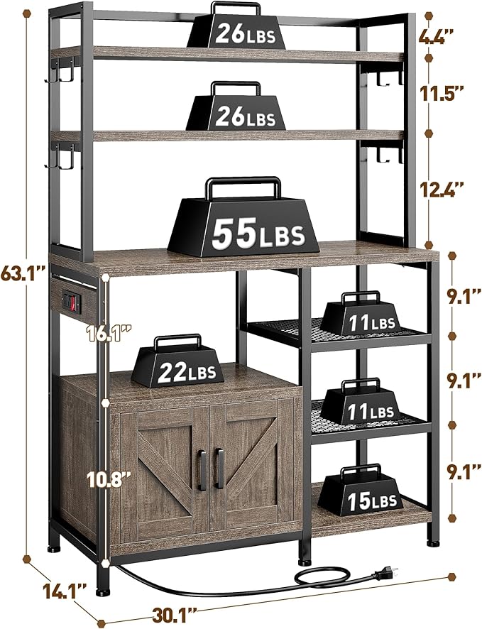 EnHomee Bakers Rack with Power Outlet, 6 Tier Microwave Stand, Coffee Bar Organizer with 8 L-Shaped Hooks, Kitchen Shelves with Storage, 14.1 x 30.1 x 63.1 Inches, Black Oak