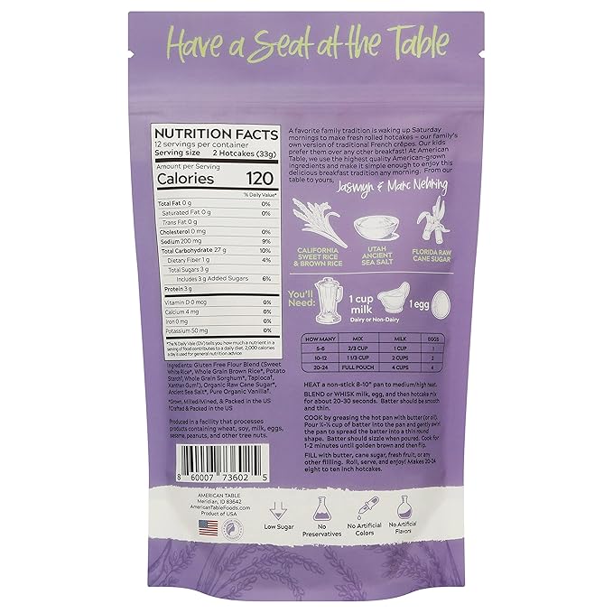 Gluten Free Rolled Hotcakes Crepe Mix by American Table, Made with American-Grown Ingredients & Pure Vanilla, French-Style, Non-GMO, Low Sugar, No Preservatives, Makes 72 Crepes (14 oz, Pack of 3)