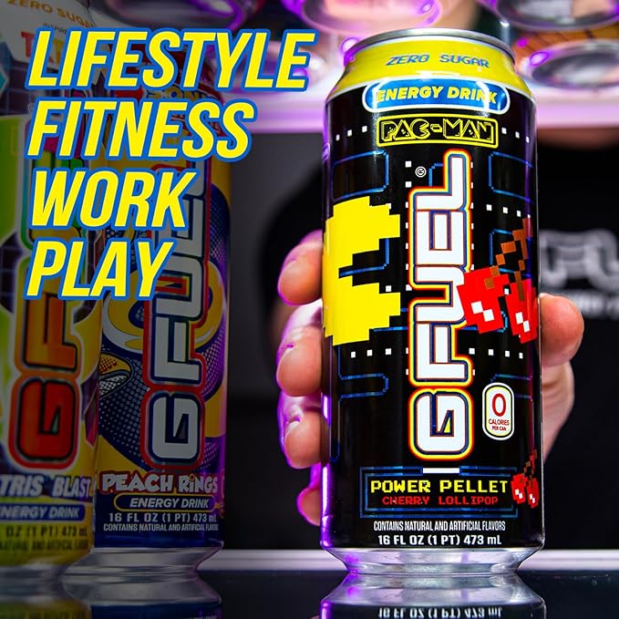 G Fuel Energy Drink, Cherry Lollipop, Sugar Free Beverage with 140mg Caffeine, Daily Energy Boost with Focus Amino, Vitamin + Antioxidants, 16 oz Cans (Pac-Man Power Pellet, 12-Pack)