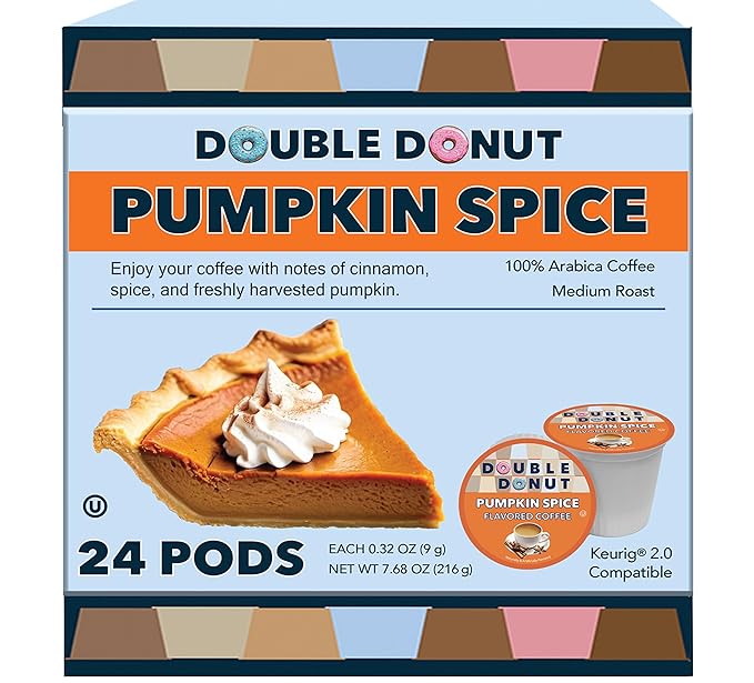 Double Donut Coffee Pumpkin Spice Coffee Pods, Single Serve Coffee for Keurig K Cups Machines, Medium Roast Pumpkin,24 Count