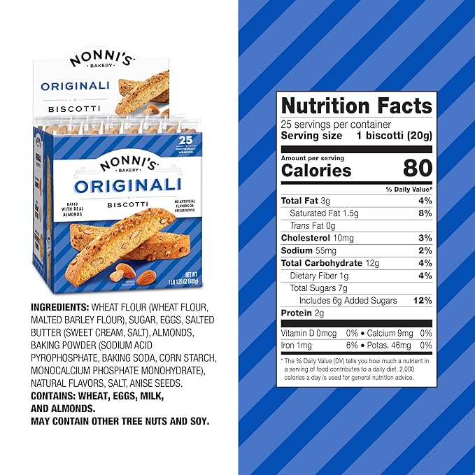 Nonni's Originali Classic Almond Biscotti Cookies – Individually Wrapped Italian Coffee Snack, Crunchy Twice-Baked, 80 Cal Each, 17.25 oz Carton