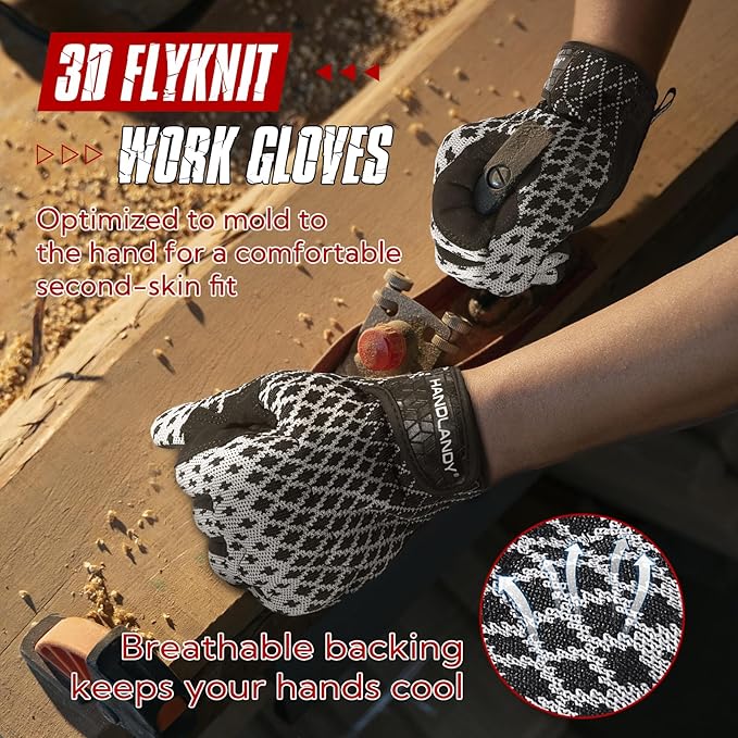 HANDLANDY Mens Work Gloves Touch screen, Utility Mechanic Gloves, Flexible Breathable Fit- Padded Knuckles & Palm