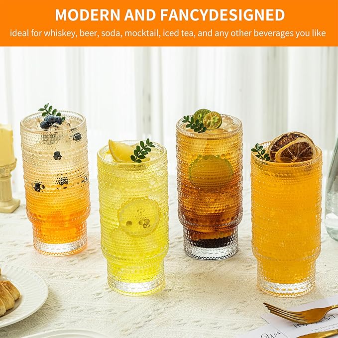 Romantic Highball Drinking Glasses Set of 4, Beaded Glassware, 16oz XL Hobnail Glassware, Vintage Glassware Set, Embossed Vintage Drinking Glasses for Beer, Cocktail, Soda (4PCS-16oz with lid)