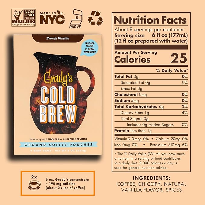 GRADY’S COLD BREW, French Vanilla, 100% Arabica Ground Coffee & Chicory Pouches, ONE Box with 4 Easy-to-Brew Bean Bags, Makes 12 drinks