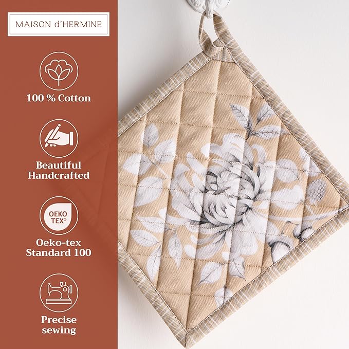 Maison d' Hermine Pot Holders 100% Cotton Heat Resistant Potholders 8" x 8" Hot Pads with Loop BBQ, Cooking, Baking, Grilling, Kitchen, Handling Hot Pans (Pack of 1, Pretty Autumn)