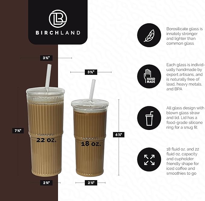 All Glass Iced Coffee Cup with Lid and Straw, Ribbed Glass Tumbler Set of 2 (22 oz ribbed)