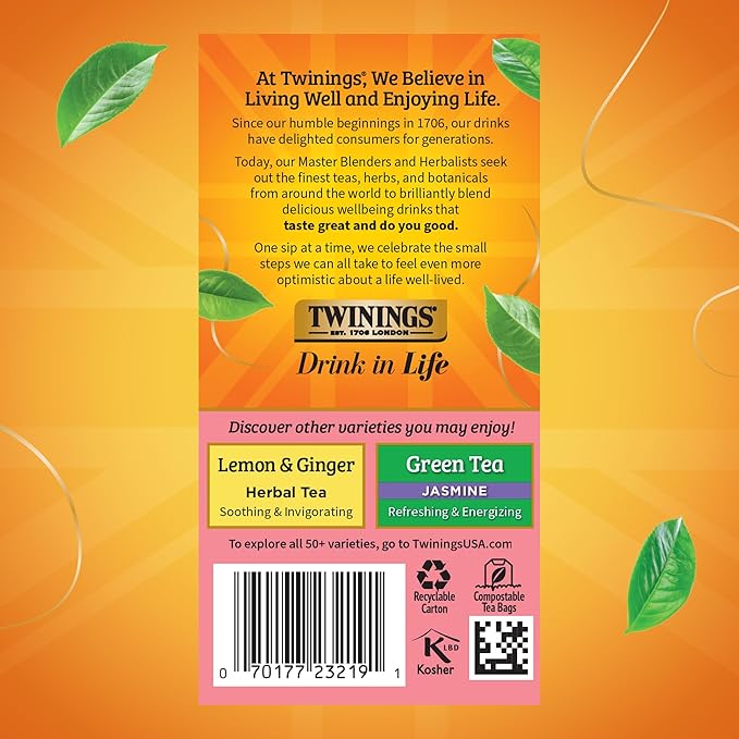 Twinings Raspberry & Lemon Herbal Tea Individually Wrapped Bags, 20 Count (Pack of 6), Fruity & Zesty, Naturally Caffeine-Free, Enjoy Hot or Iced, 120 Teabags