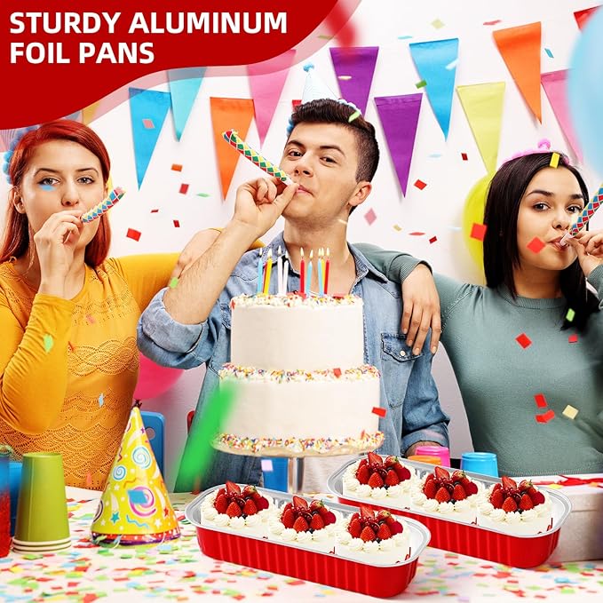 Mini Loaf Pans with Lids and Spoons Sealing Sticker,30 Pcs 6.8oz Cake Pans for Baking Disposable Aluminum Foil Red cake pan (30 Pack Red)