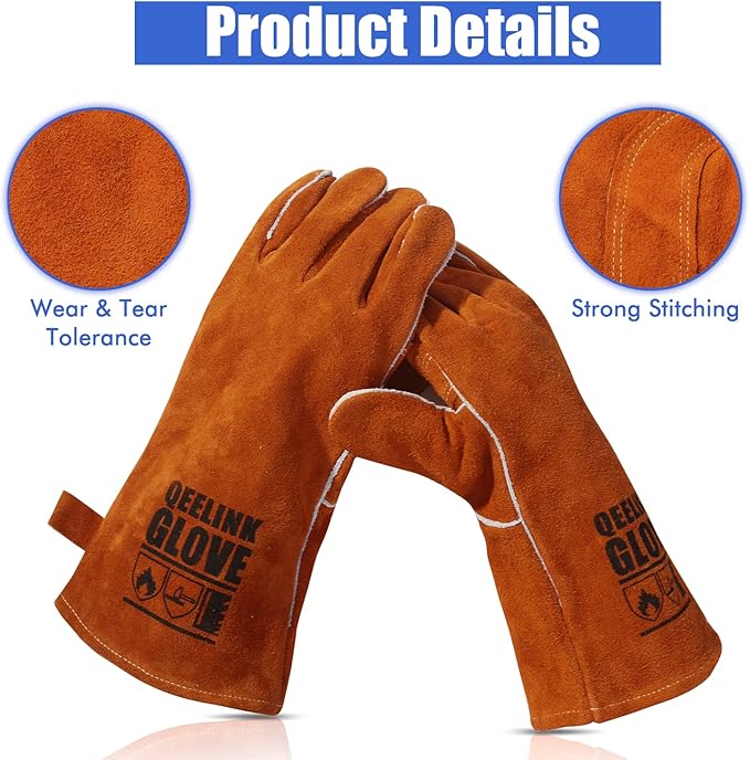 QeeLink Welding Gloves - Heat Resistant Leather and Fireproof Stitching for Fireplace Fire Pit Wood Stove BBQ Gardening Gear