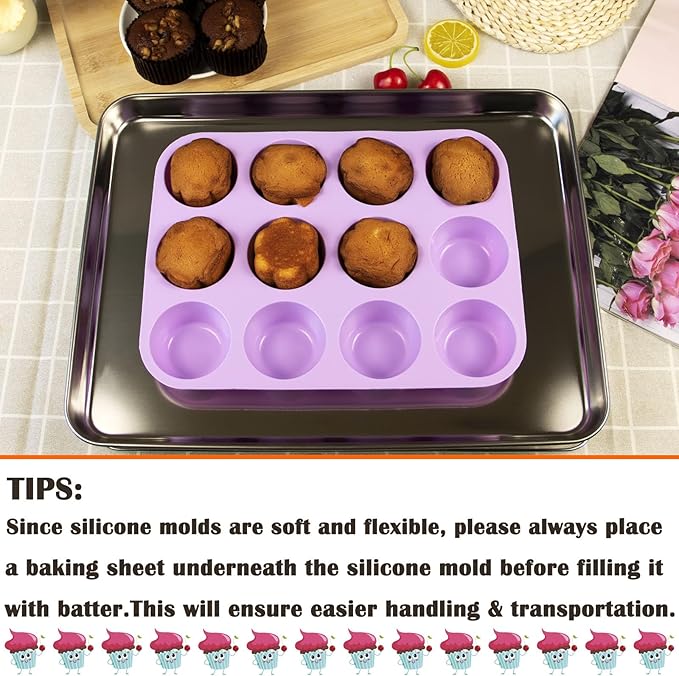 12 Cups Silicone Mini Muffin Pan Set, Nonstick Mini Cupcake Pans, BPA Free Small Muffin Tin for Baking, Set of 2 (Blue+Purple)