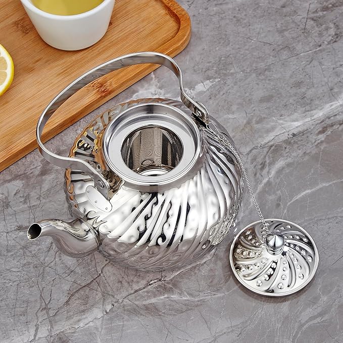 SANQIAHOME 2000ml stainless steel antique style teapot,with Infuser, thickened boiling kettle, lifting handle,Silver