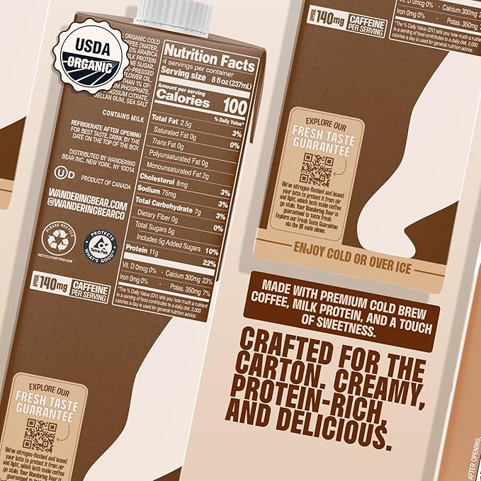 Wandering Bear Double Latte Organic Cold Brew Coffee — 32 fl oz, 6 pack - Creamy High-Protein Cold Brew Latte, 11 g Protein, Only 100 Calories, 5 g Sugar, Double Shot Strength (Shelf-Stable)