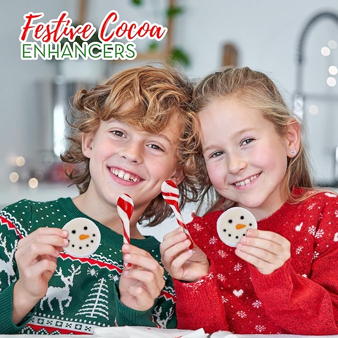 4E's Novelty Snowman Marshmmallow Toppers and Peppermint Spoons (24pc of Each) Candy Canes Spoons and Sugar Coated Snowman Face Marshmallows for Christmas Hot Chocolate Bar Supplies, Hot Cocoa Toppers Decorations