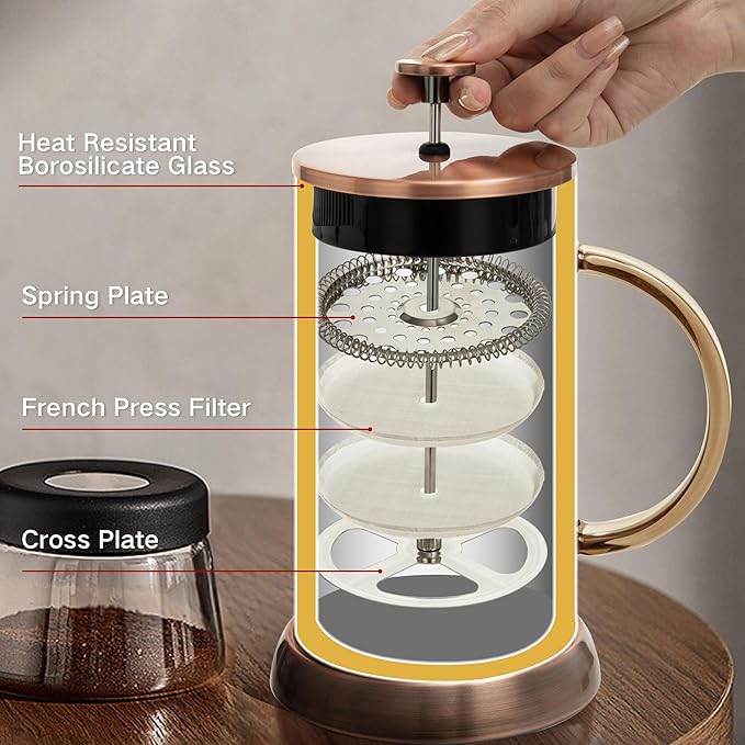 34 Ounce French Press Coffee Maker, 5-Cup Espresso Coffee Maker, Copper Cold Brew Heat Resistant Thickened Borosilicate Coffee Pot with 4 Stainless Steel Filter Screens