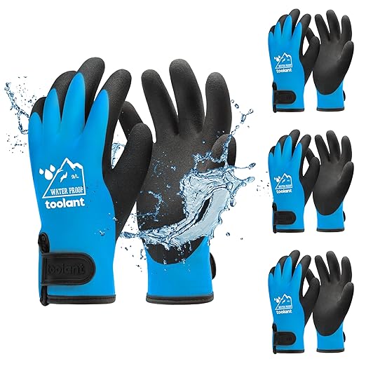 toolant 100% Waterproof Gloves Bulk for Cold Weather, 3 Pairs, Winter Work Gloves for Men Touchsreen, Warm Freezer Gloves, Thermal Insulated, With Grip, Blue, Lagre