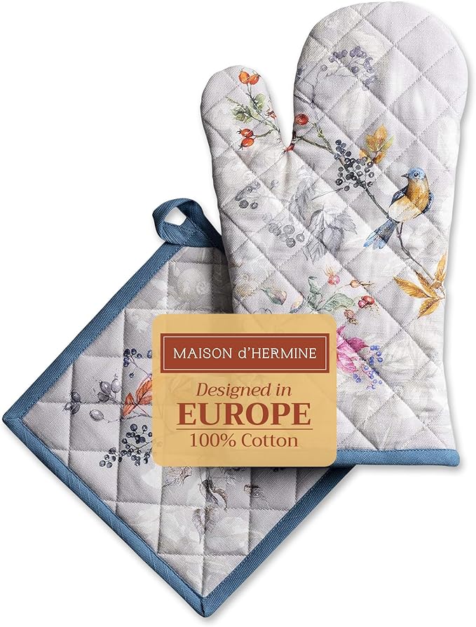 Maison d' Hermine 100% Cotton Oven Mitt & Pot Holder Set (7.5"x13" & 8"x8") Heat Resistant BBQ Cooking Gloves with Loop, Baking, Grilling, Kitchen, Handling Hot Pans (Equinoxe - Grey)