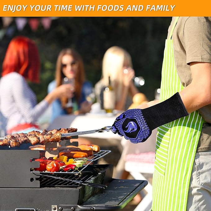 BBQ Fireproof Gloves, Grill Cut-Resistant Gloves 1472°F Heat Resistant Gloves, Non-Slip Silicone Oven Gloves, Kitchen Safe Cooking Gloves for Oven Mitts,Barbecue,Cooking, Frying, Blue（2 Pairs）