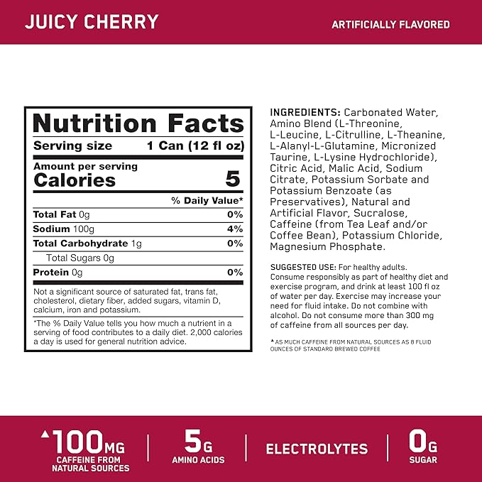 Optimum Nutrition Amino Energy Sparkling Hydration Drink, Electrolytes, Caffeine, Amino Acids, BCAAs, Sugar Free, Juicy Cherry, 12 Fl Oz, 12 Pack (Packaging May Vary)