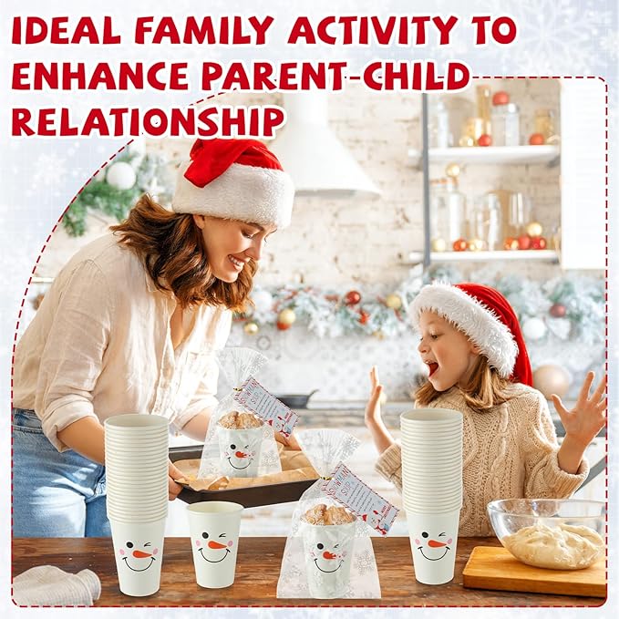 200 Sets Christmas Snowman Soup Kits for Classroom Coworker Gift 12 Oz Winter Snowman Paper Cups for Hot Cocoa Chocolate Marshmallow Soup Tags Clear Xmas Bags (Elegant)