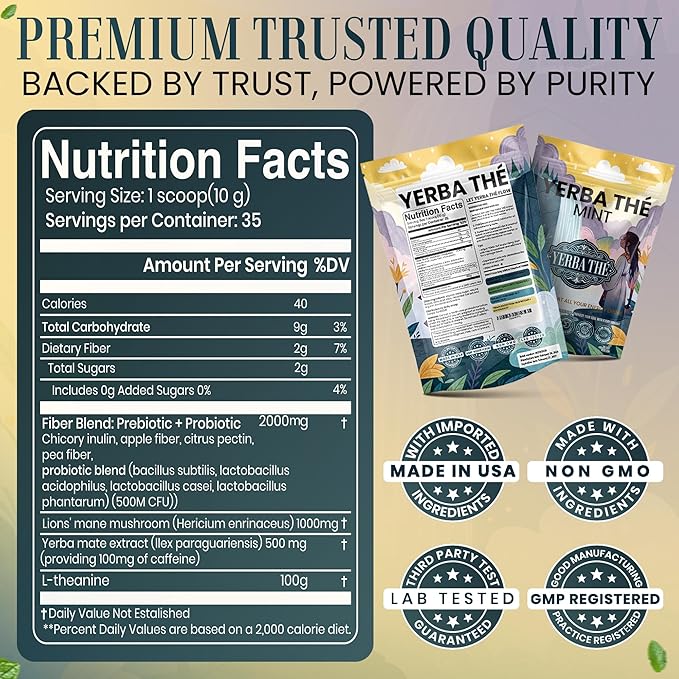 Ancient Diosa - Yerba Mate Tea Powder 350g, 35-Servings - Mint Flavor Clean Energy Drink Superfood - Support Gut Health with Probiotics and Prebiotics, Reduce Brain Fog, Relaxation and Focus Blend