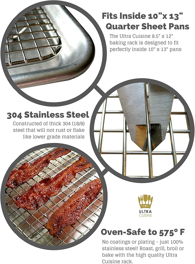 Ultra Cuisine Heavy Duty 100% Stainless Steel Cooling Rack for Cooking and Baking - Baking Rack & Wire Cooling Rack - Fits Quarter and Jelly Roll Sheet Pans - 8.5''x 12'' and 10''x 14.75''