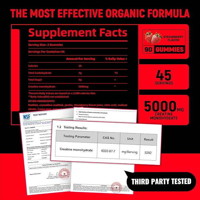 Creatine Monohydrate Gummies 5g for Men & Women - Boost Focus,Strength, and Endurance, Anti-Melting Formula, Vegan, Gluten-Free, Non-GMO, 2.5 Gram Creatine per Gummy (Strawberry 90 ct)