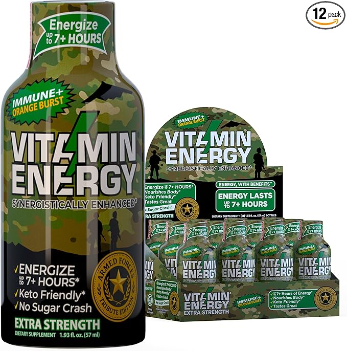 Vitamin Energy Immune+ Extra Strength Energy Shot Army Orange 12 Pack, 260mg Natural Caffeine, B-Vitamins, Citicoline, Green Tea, Immunity & Focus Support, Zero Sugar, Gluten-Free 1.93 fl oz