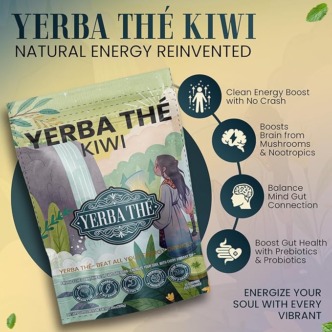 Ancient Diosa - Yerba Mate Tea Powder 350g, 35-Servings - Kiwi Flavor Clean Energy Drink Superfood - Support Gut Health with Probiotics and Prebiotics, Reduce Brain Fog, Relaxation and Focus Blend