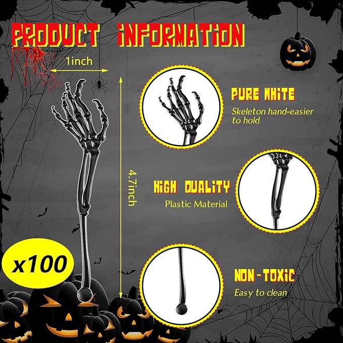 Remerry 100 Pcs Halloween Skeleton Swizzle Sticks Cocktail Garnish Sticks Hand Plastic Food Picks Coffee Stirrers Reusable Drink Stir Sticks Halloween Party Decorations for Birthday Bar Home(Black)