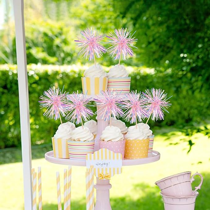 30 PCS Foil Firework Cupcake Toppers Happy Birthday Cupcake Toppers Sparkle Tinsel Flower Drink Stirrers Cocktail Fruit Toothpicks for Valentine's Day Baby Shower Party Cake Decor Supplies Pink