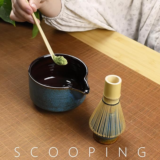Artcome 4 Pcs Complete Matcha Tea Ceremony Kit for Japanese Tea Ceremony, Bowl with Pouring Spout, Whisk, Whisk Holder, Tea Scoop, Matcha Tea Set For Making Usucha, Koicha and Matcha Latte (Sapphire)