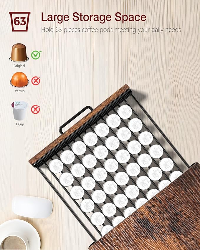 Coffee Pod Drawer Compatible with Nespresso Original Line, 63 Pods Coffee Organizer with Cup Holder, Durable Coffee Maker Stand with Storage Drawer, Rustic Brown