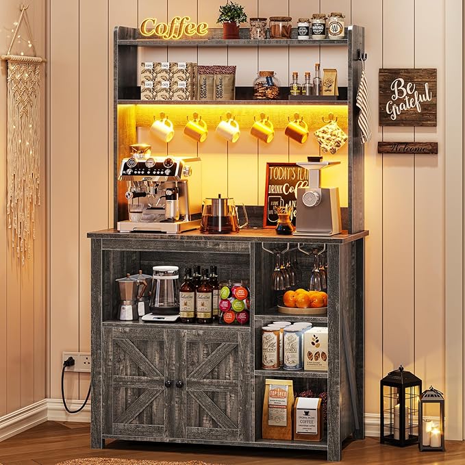 Itaar Coffee Bar Cabinet, Bakers Rack with Power Outlet and Storage, Farmhouse Microwave Stand Kitchen Cabinet with Hutch, LED Lights, Wine Glass Holder and 8 Hooks (Grey)