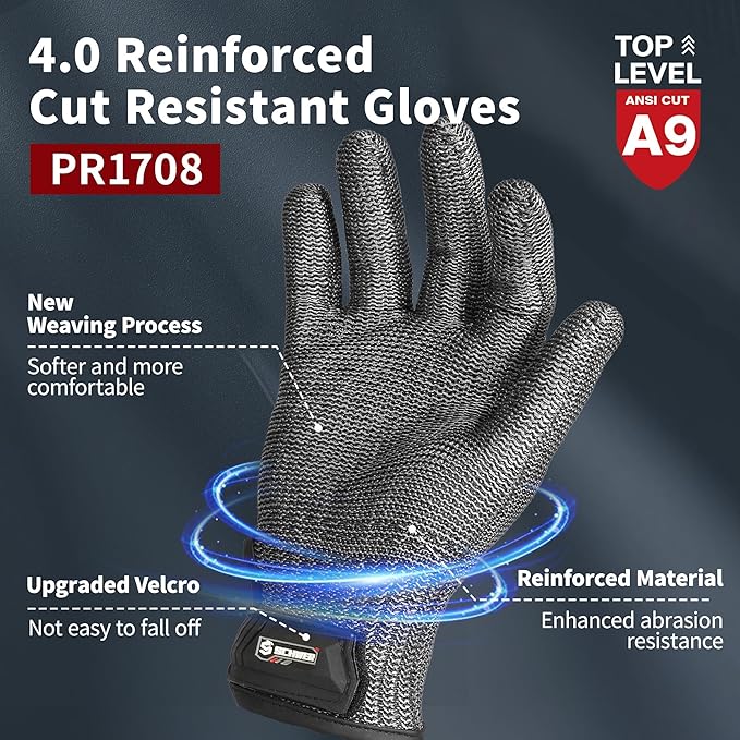 Schwer Ultimate Cut Resistant Gloves Beyond ANSI A9, Reinforced Stainless Steel Glove, Food Grade Mesh Metal Gloves for Butcher Meat Cutting, Oyster Shucking, Mandoline, Non-PFAS, PR1708 (XL, 1 PCS)