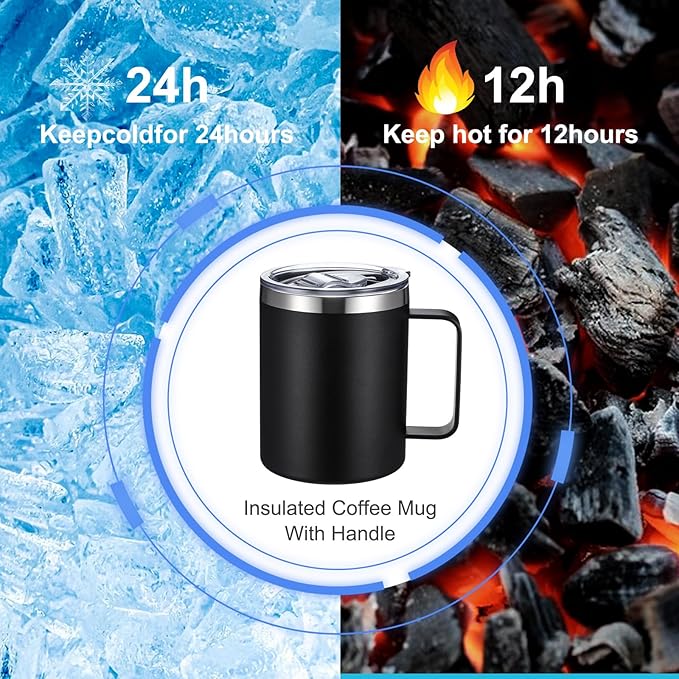 12 oz Insulated Coffee Mug Bulk with Handle, Stainless Steel Travel Coffee Mug with Lid, Double Wall Vacuum Metal Coffee Cup, Coffee Tumbler Powder Coated, Black 4 Pack