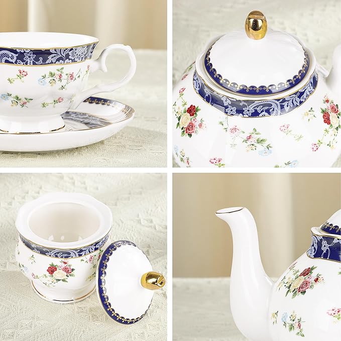 fanquare Bone China Tea Sets for Adults, 21-Piece Blue Lace and Roses Porcelain Tea Service with Sugar Bowl & Creamer, English Cremic Floral Teacups Set of 6 for Women Tea Party