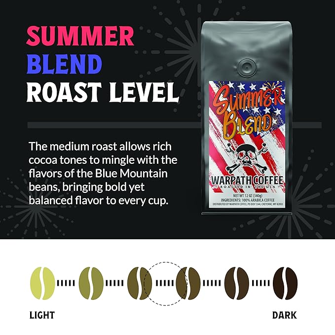 Warpath Coffee Medium Roast Whole Bean Coffee, Summer Blend, High Caffeine, Extra Strong Roasted 100% Arabica Coffee Beans Whole, Caribbean Inspired Blue Mountain Blend, Created by Navy SEALs, 12oz