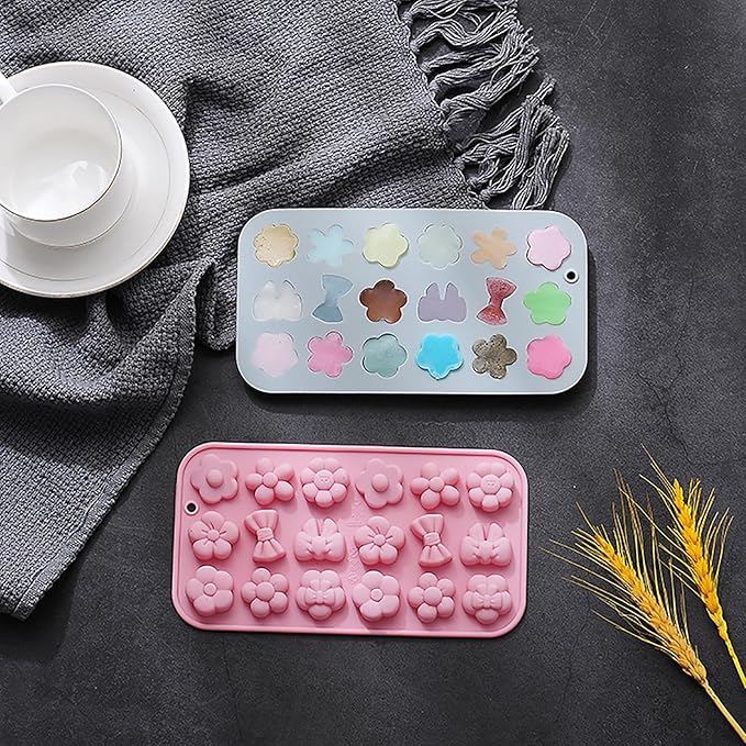2 Pcs Flowers Silicone Chocolate Molds, 18-Cavity Different Flowers Bow Shape Molds Trays for Candy Chocolate Gummies Baking Jello Ice Cube Pudding Soap Cookie Desserts Making