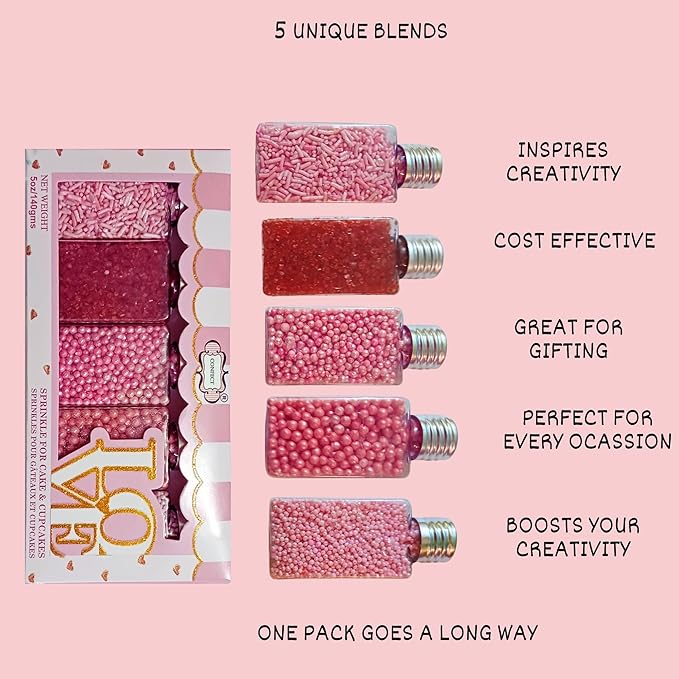 Confect Sprinkles for Cakes & Cupcakes Decoration Assorted pack of 5 Pink Pop Sprinkles Mix Blush Pink, Baby Suger & Coral Dragees Baby Pink Jimmies Vegan, Gluten-Free, Nut-Free, Soy-Free, Dairy-Free , Handcrafted Sprinkle- 5 Oz