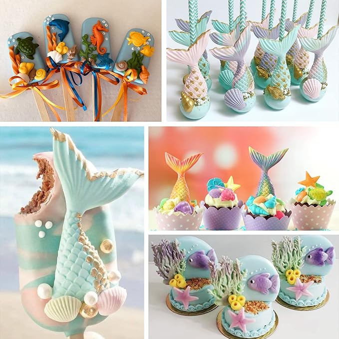 Sakolla Marine Theme Fondant Molds, 4 PCS Mermaid Tail Seashell Conch Starfish Baking Silicone Molds for Cake Decoration Chocolate Soap Crafting