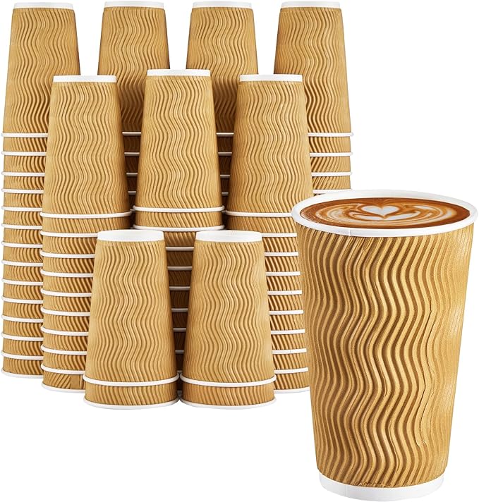 90 Pack 16 oz Disposable Coffee Cups No Lids, Champagne Insulated Ripple Wall Paper Coffee Cups 16oz, Kraft Corrugated Beverage Paper Cups for Hot Chocolate, Home, Travel, Office, Tea
