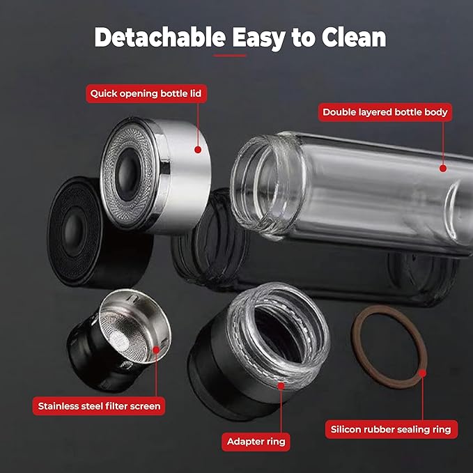 Glass Water Bottle Fits in Car Cup Holder, 14 oz Double Wall Borosilicate Glass Tea Infuser Bottle, One Handed One Key Lid Opening, for Car, Home, Office