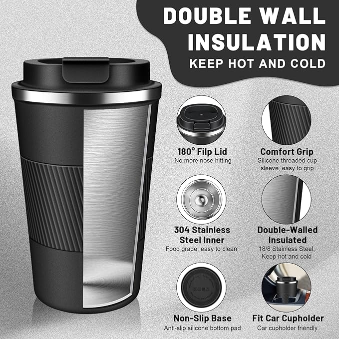 Insulated Coffee Tumblers with Flip Lid 12oz / 17oz, Stainless Steel Travel Coffee Mug Leak Proof, Vacuum Insulated Coffee Mug Reusable Cup, Keeps Cold and Hot for Coffee Tea