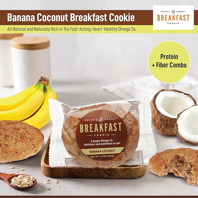 Susie's Smart Breakfast Cookie Healthy Omega-3s and Protein rich Soft Chewy Home-baked Cookie, Coconut/Banana, 3.57 Ounce (Pack of 18), 64.26 Ounce